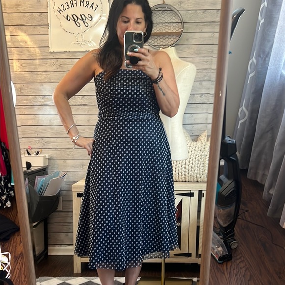 Jessica Howard Chic Strapless Navy Polka Dot Dress tule material - Picture 1 of 12